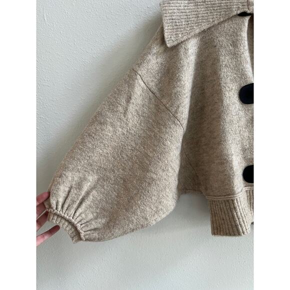 Robbi & Nikki Wool Blend Tan Cropped Toggle Sweater Jacket Balloon Sleeves XS - Picture 6 of 11